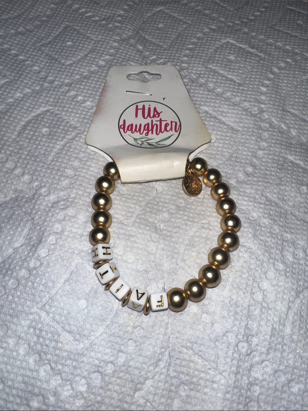 His Daughter Gold Beaded Stretch Bracelet with White Letter Beads
